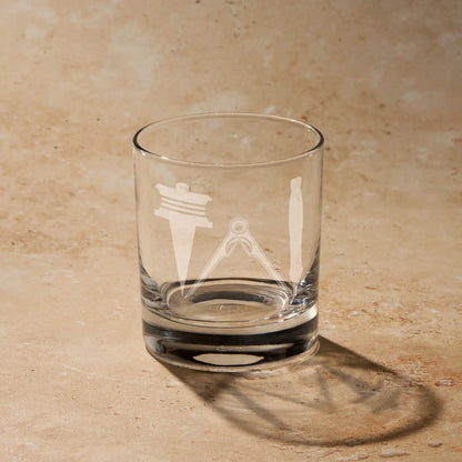 Master Mason Third Degree working tools engraved on whisky glass using traditional sandblasting.