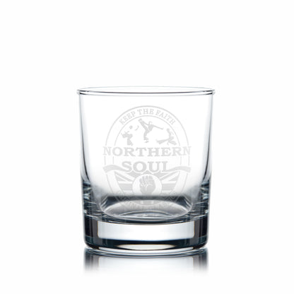 Northern Soul whisky glass engraved with dancers and clenched fist on a white background