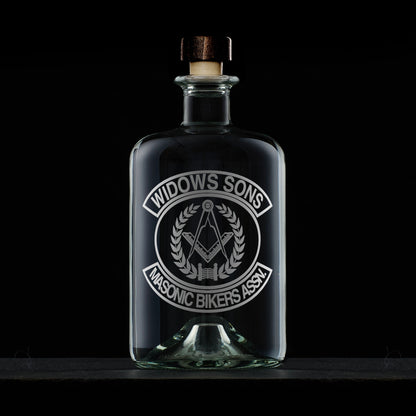 glass decanter engraved with masonic bikers widows association crest and logo