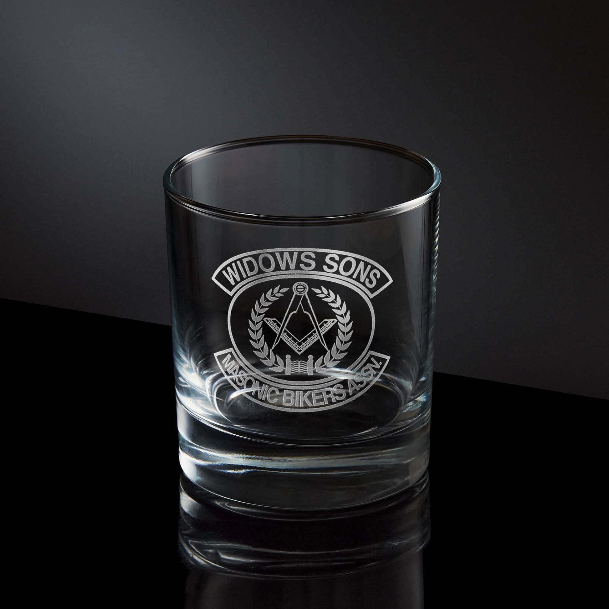 whisky tumbler engraved with masonic bikers widows association