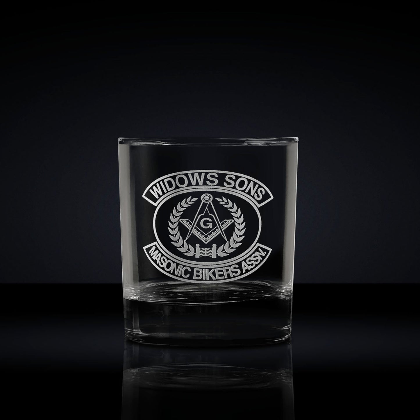 whisky tumbler engraved with masonic bikers widows association