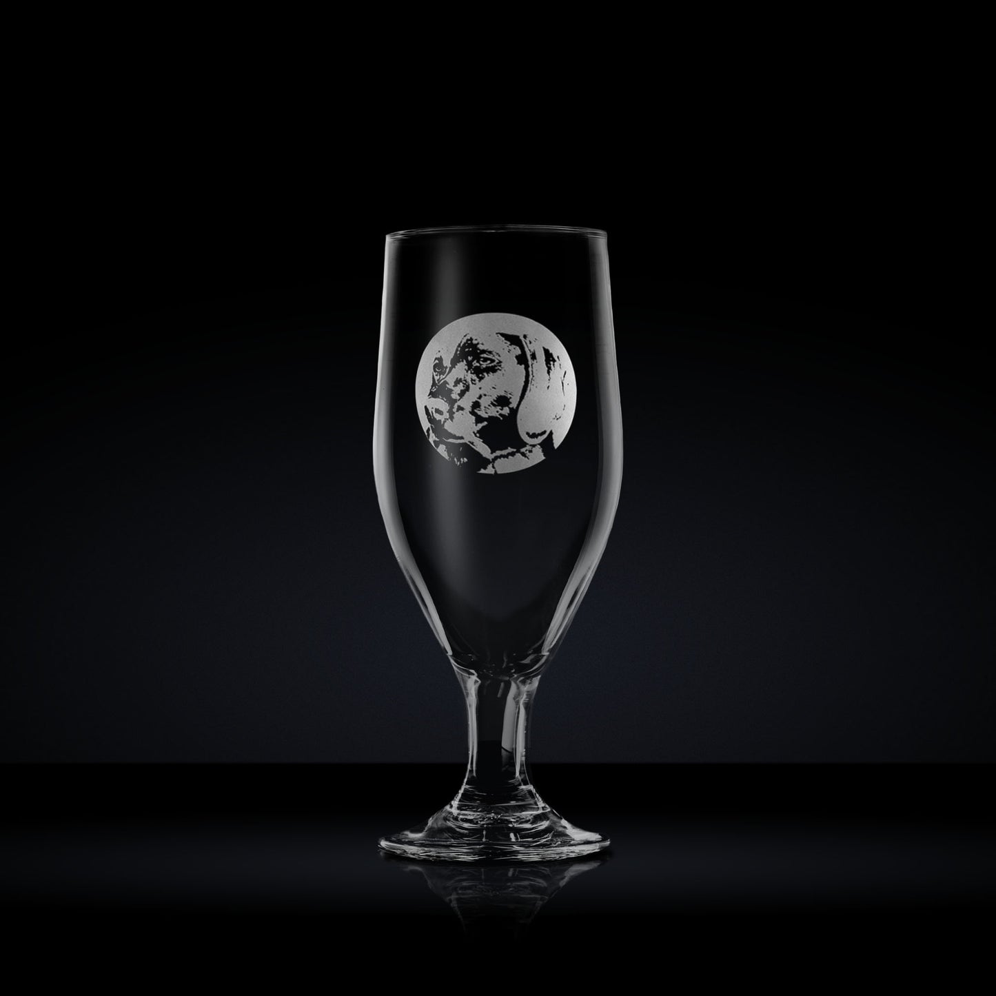 engraved chalice style stemmed beer glass etched with a portrait of a weimararmer dog