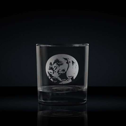 engraved whisky glass etched with a portrait of a wiemeramer dog