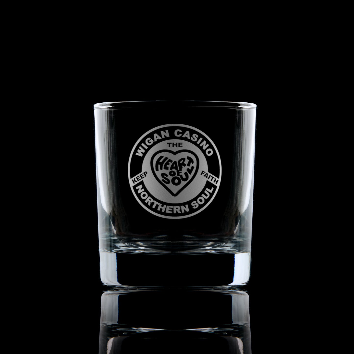 whisky tumbler wengraved with a northern soul wigan casino design