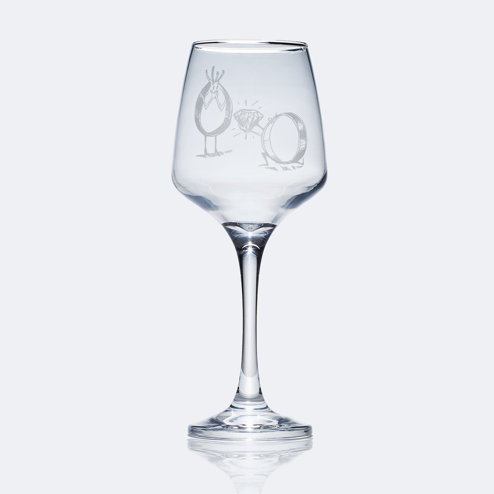 stemmed wine glass engraved with an illustration of an engagement ring proposing to his girlfriend ring