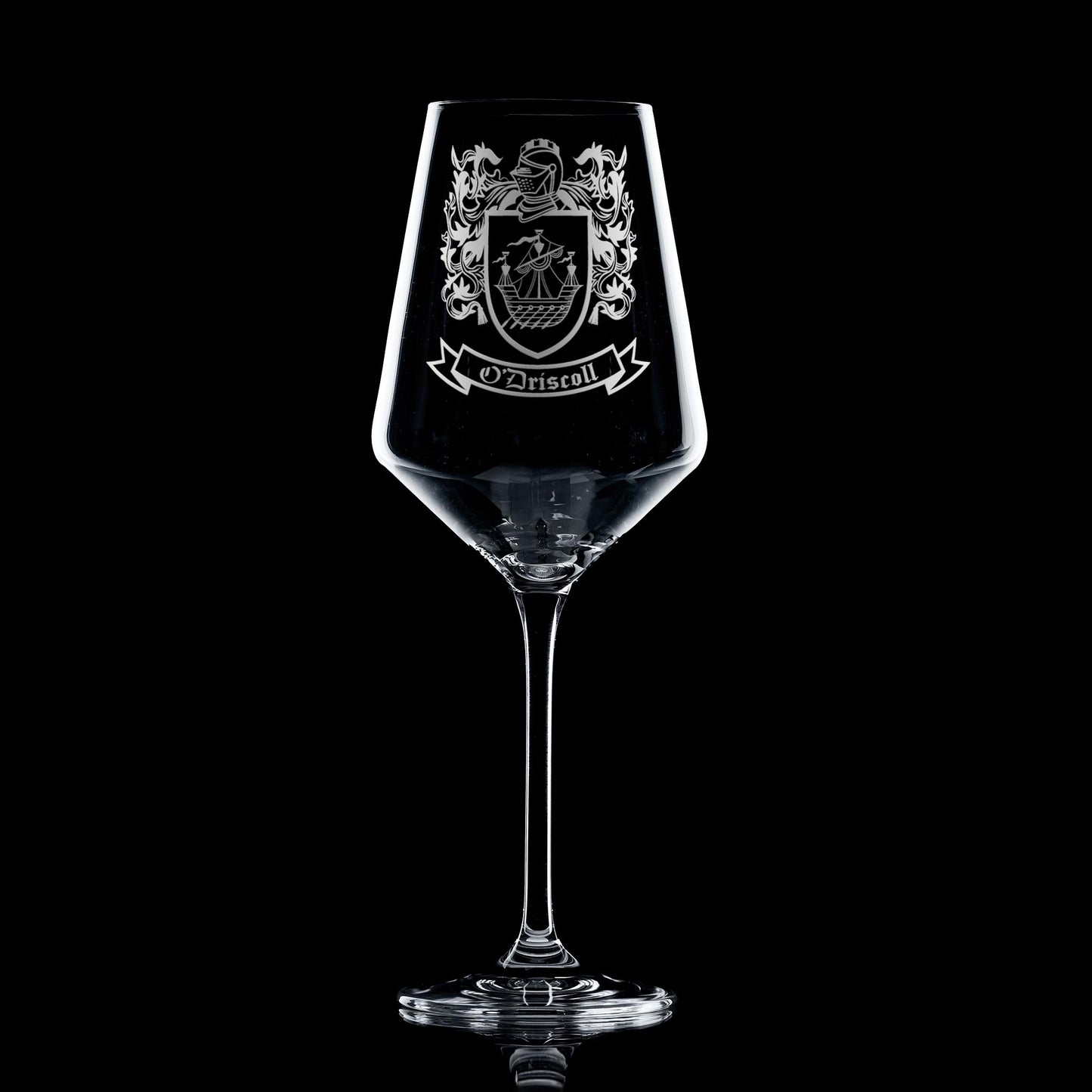 Stemmed wine glass engraved with family crest - deep sandblasted detail.