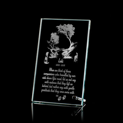 Engraved dog memorial plaque with woodland bridge and two dogs – black background to show engraving detail