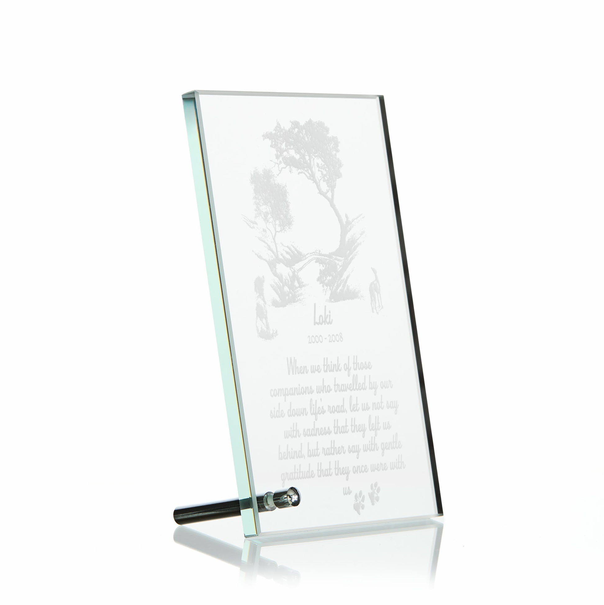 Glass display plaque featuring woodland bridge and dogs – shown on white to highlight form and proportions