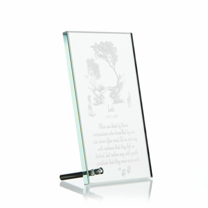 Glass display plaque featuring woodland bridge and dogs – shown on white to highlight form and proportions