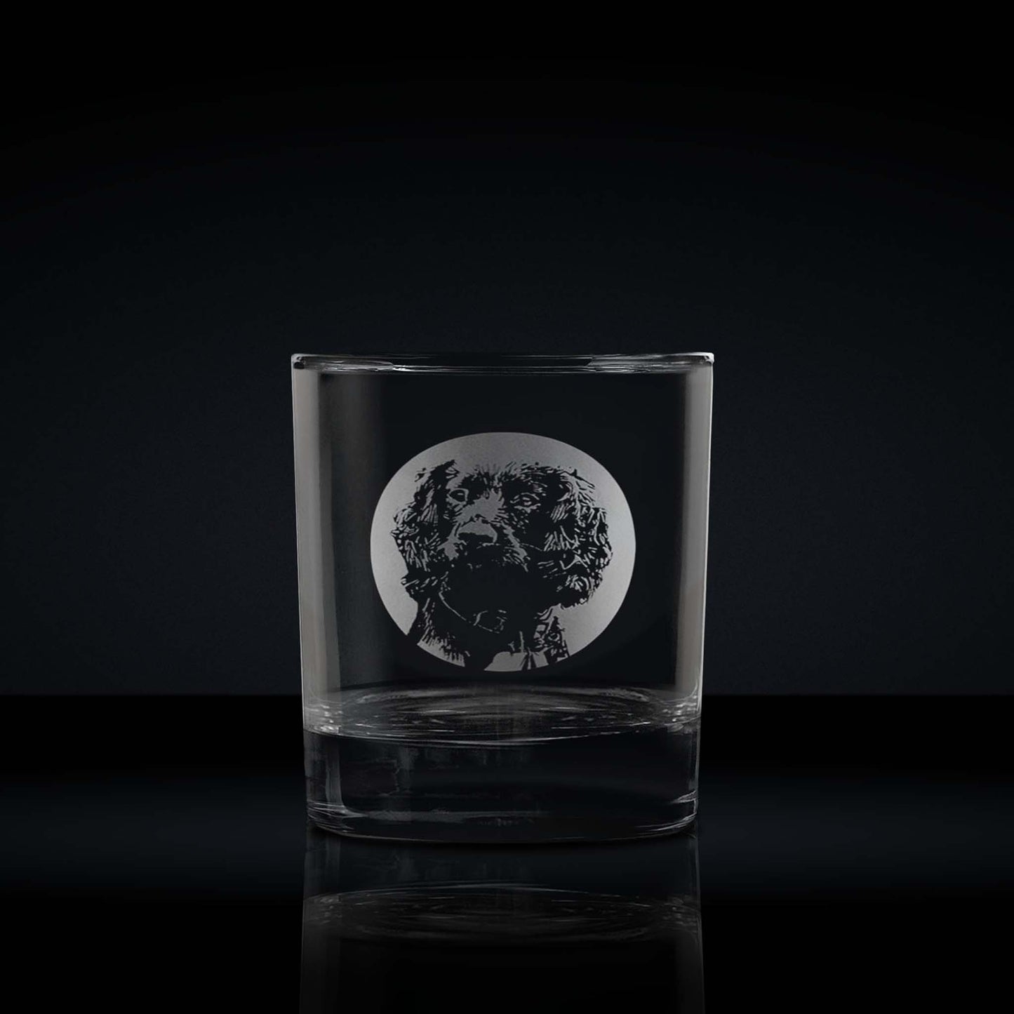 engraved whisky glass etched with a portrait of a cocker spaniel dog