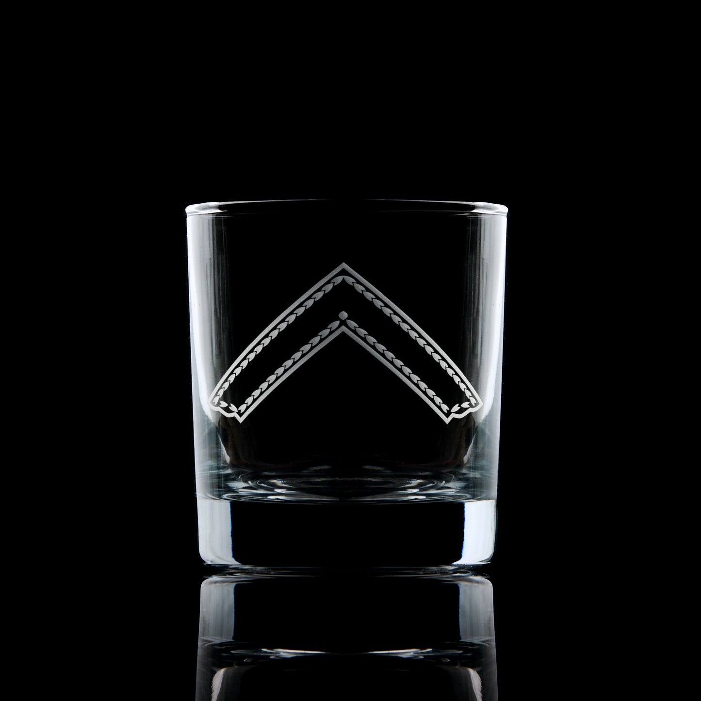 Engraved Worshipful Master whisky glass with collar jewel on black background