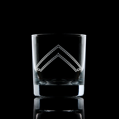 Engraved Worshipful Master whisky glass with collar jewel on black background