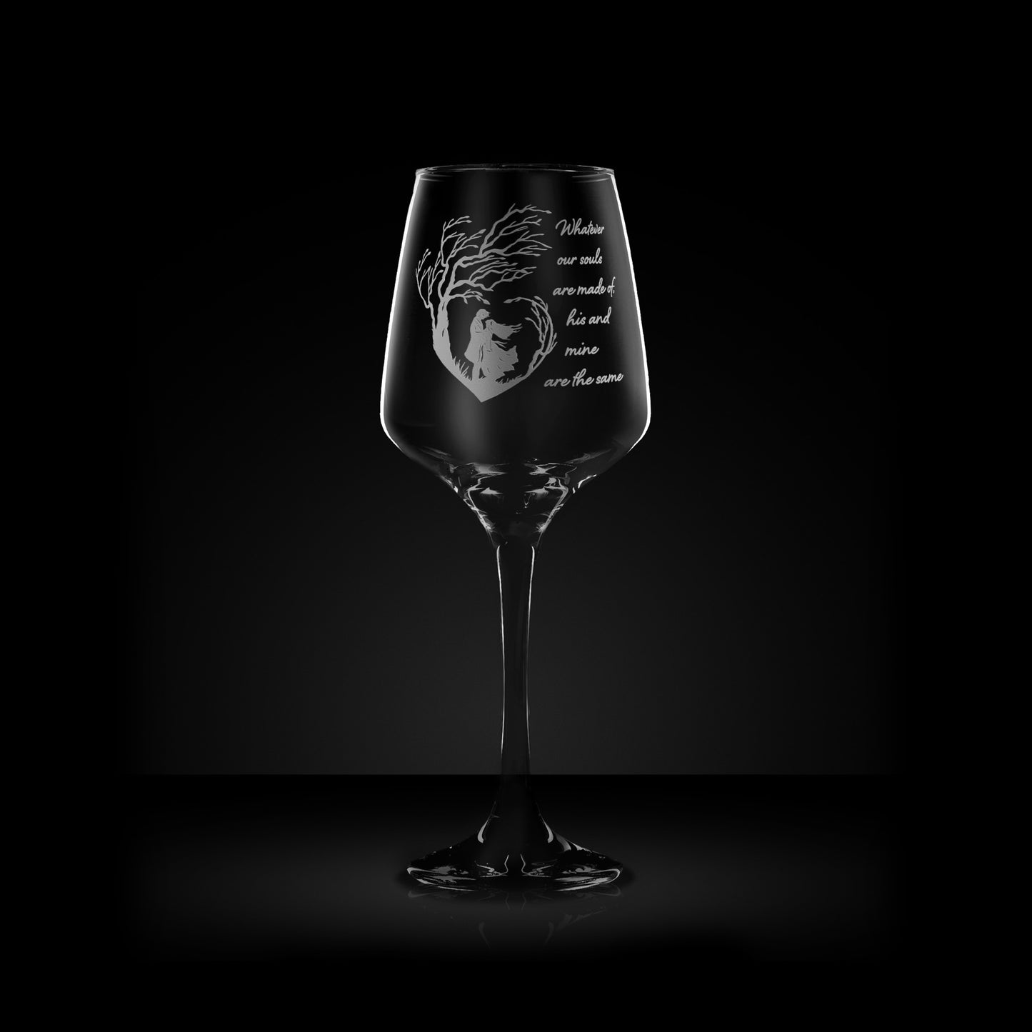 2 wine glasses engraved with Heathcliffe and Cathy from wuthering heights