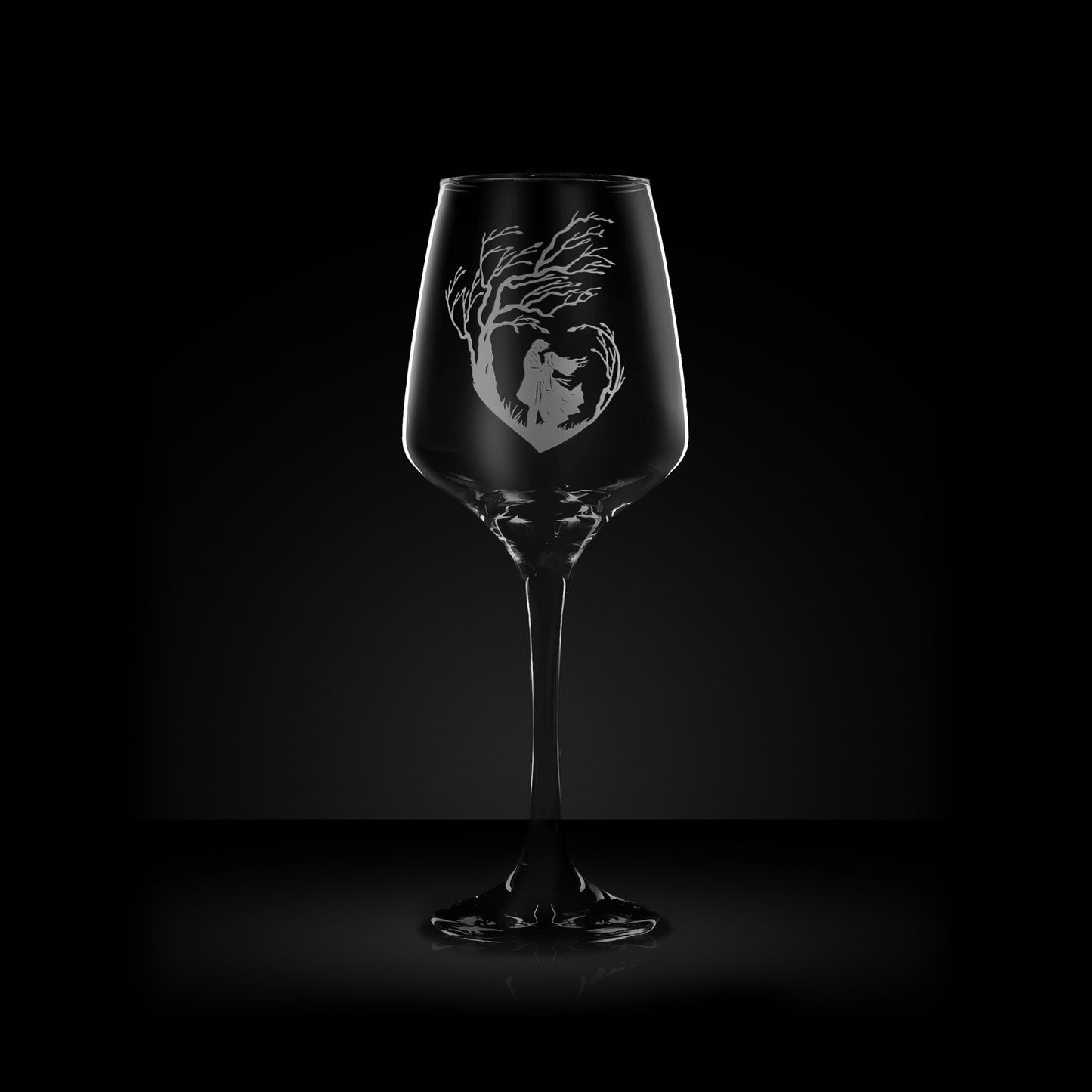 2 wine glasses engraved with Heathcliffe and Cathy from Emily Bronte's book wuthering heights