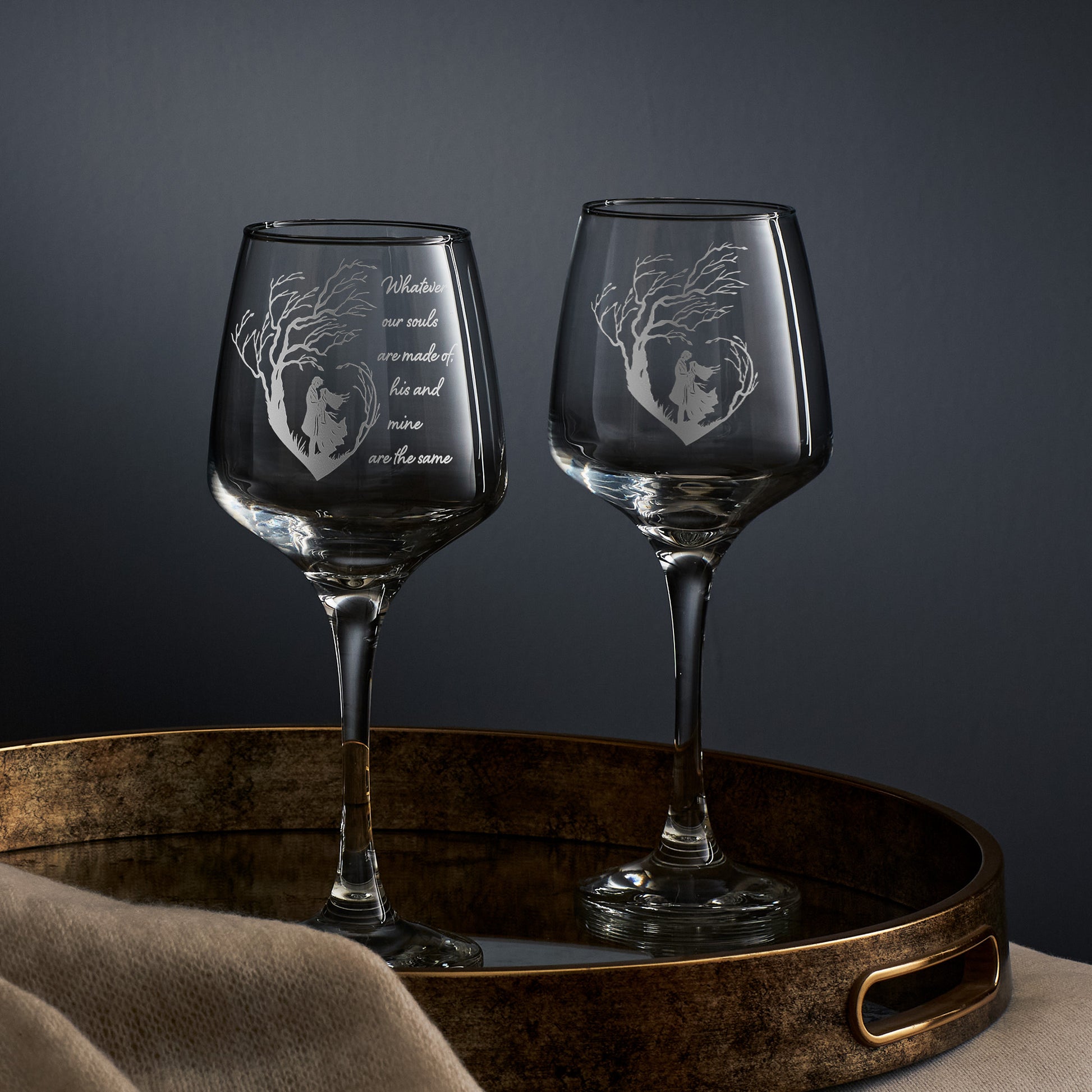 2 wine glasses engraved with Heathcliffe and Cathy from wuthering heights