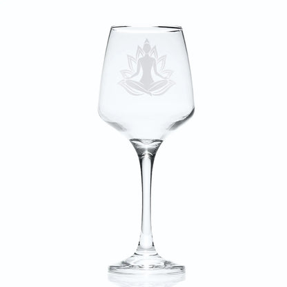 Engraved wine glass with Sukhasana yoga pose and lotus flower — male and female variations available