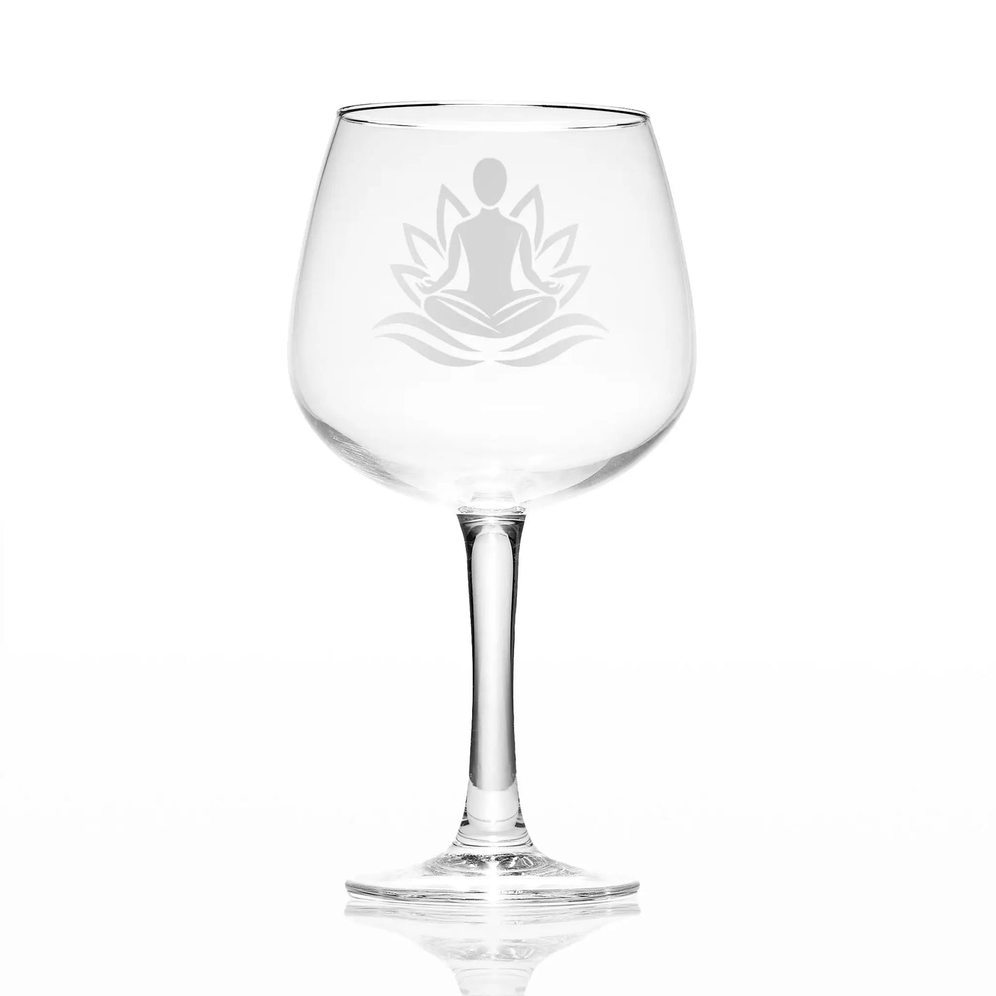 Gin glass engraved with a seated male yoga figure in Sukhasana pose, with optional personalisation, handcrafted in Scotland