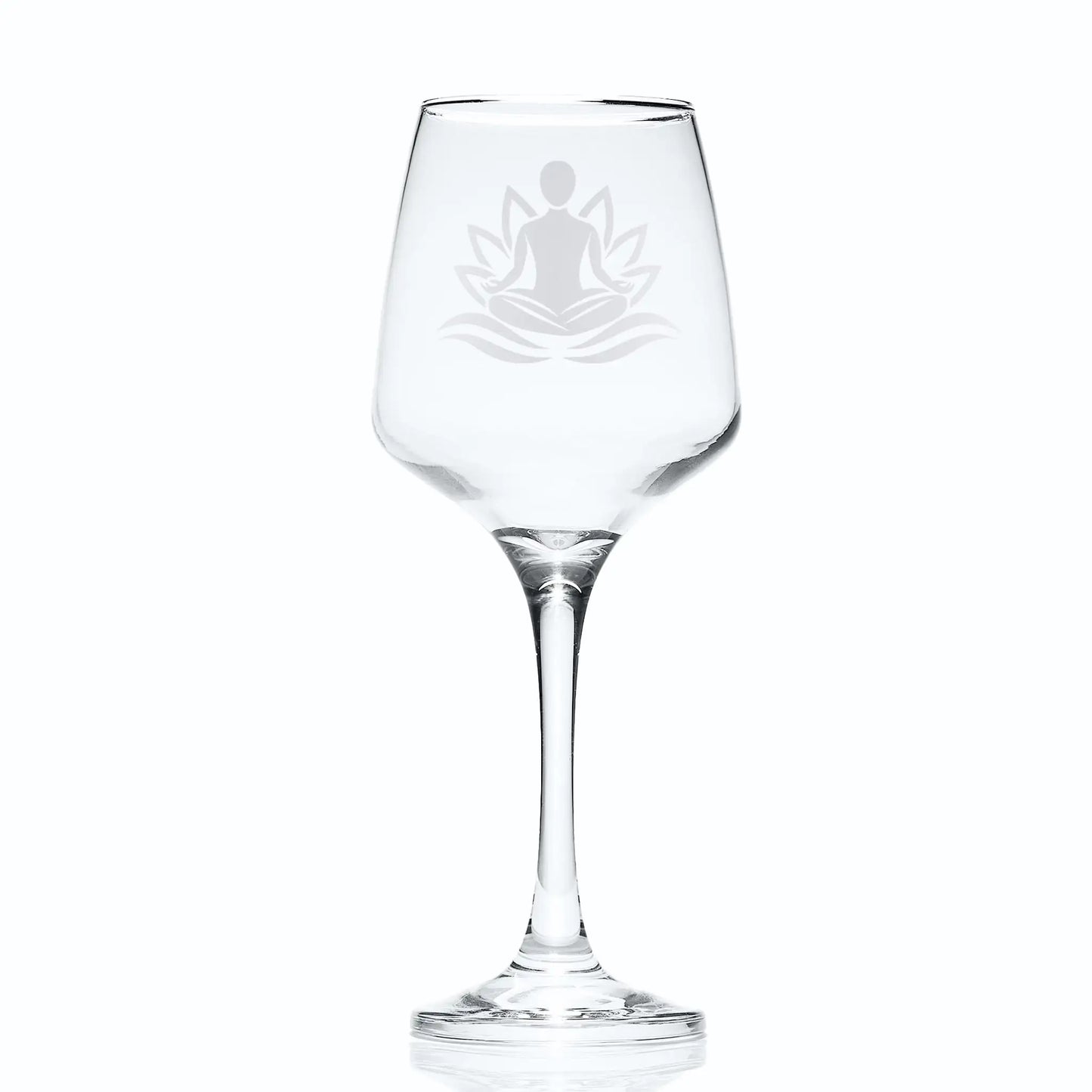 Wine glass engraved with man practicing Yoga set against a lotus flower