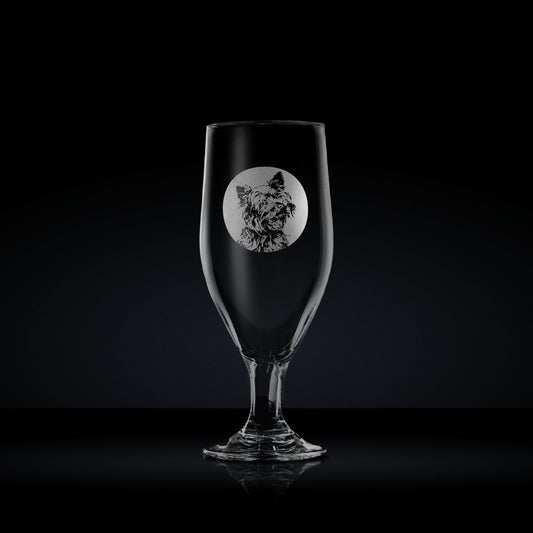 engraved chalice style stemmed beer glass etched with a portrait of yorkshire terrier dog