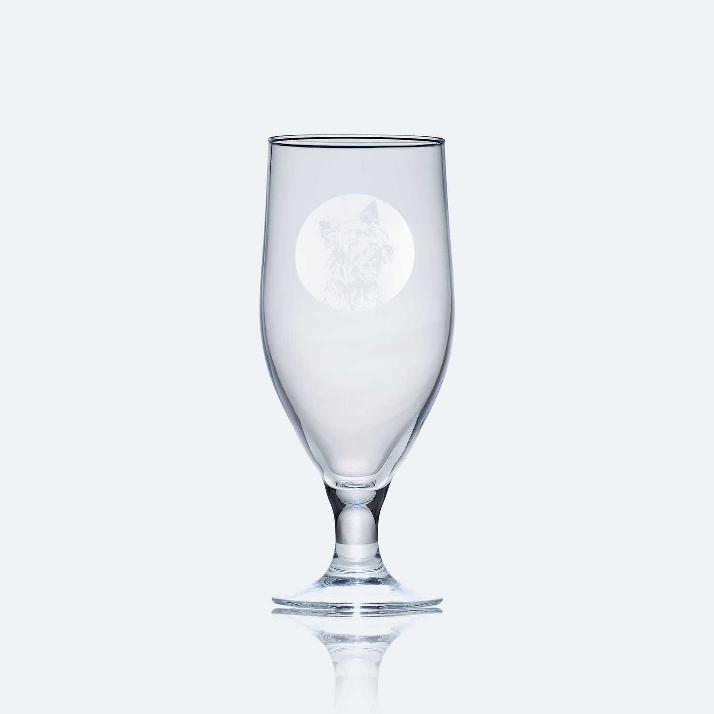 engraved chalice style stemmed beer glass etched with a portrait of yorkshire terrier dog