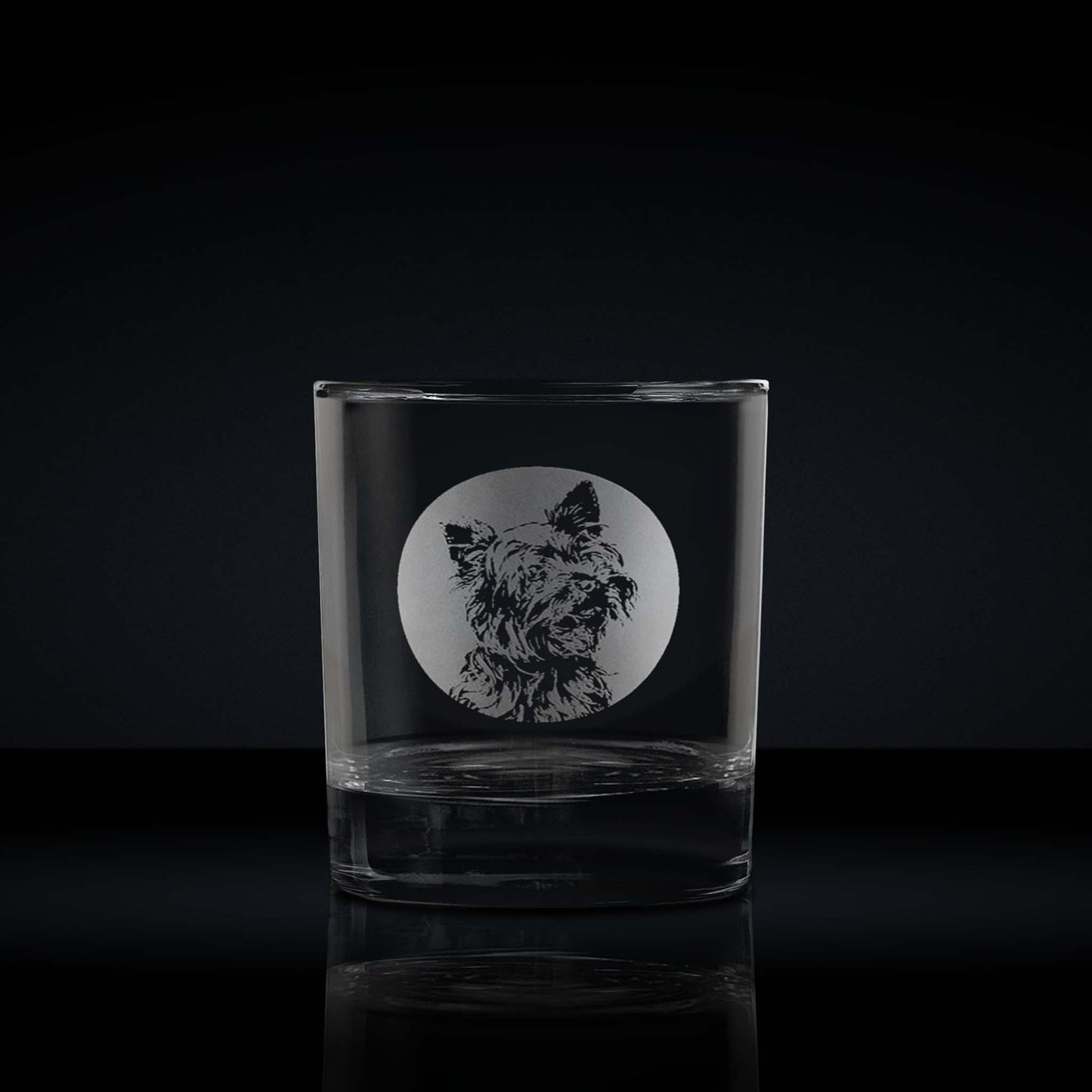 engraved whisky glass etched with a portrait of a Yorkshire terrier dog