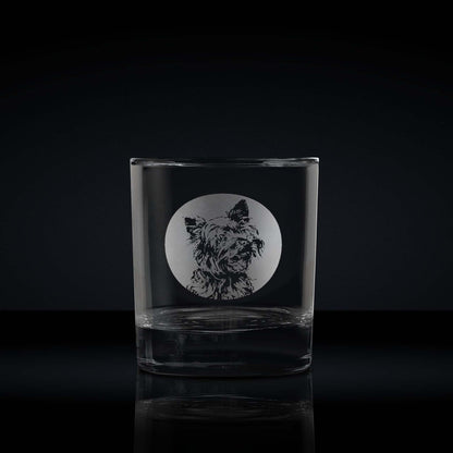 engraved whisky glass etched with a portrait of a Yorkshire terrier dog