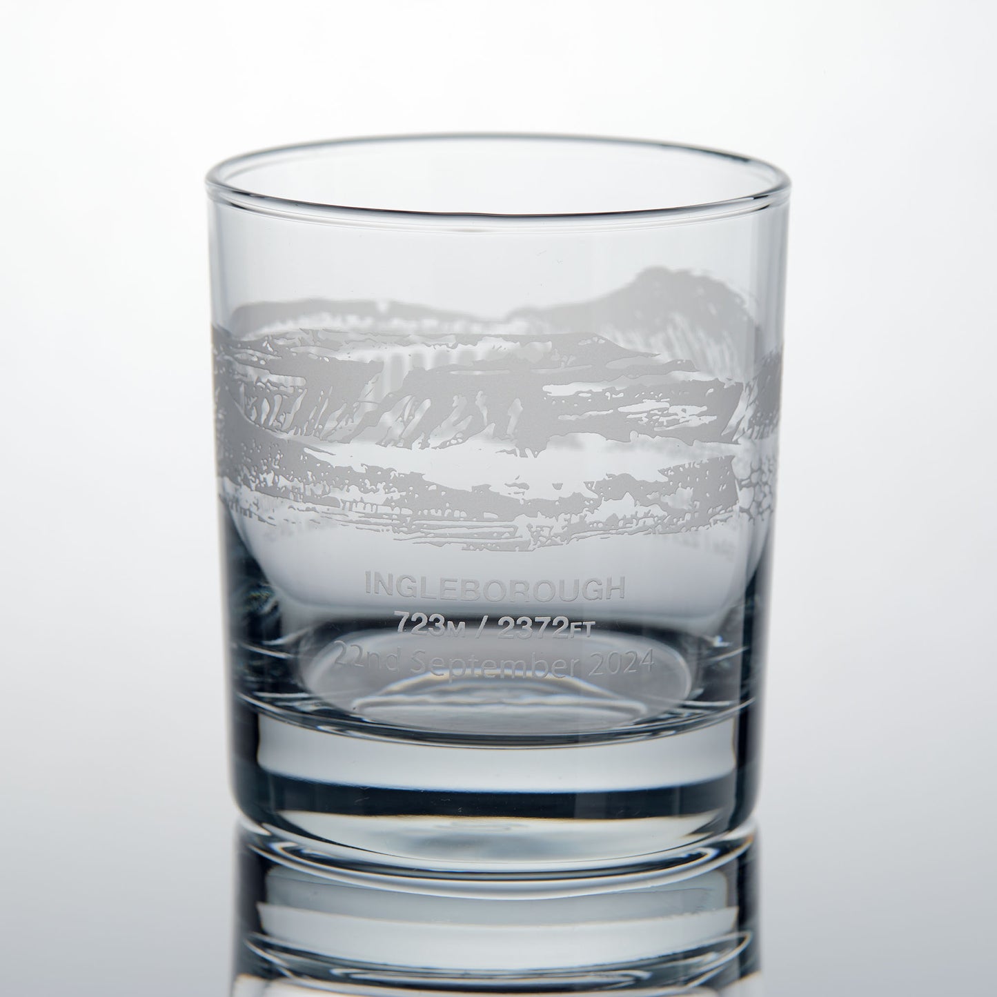 Yorkshire Three Peaks Challenge whisky glass with engraved illustration of Ingleborough