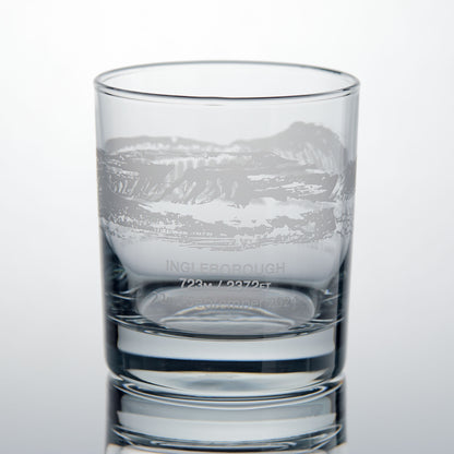 Yorkshire Three Peaks Challenge whisky glass with engraved illustration of Ingleborough