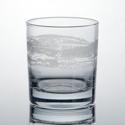 Yorkshire Three Peaks Challenge whisky glass with engraved illustration of Ingleborough and Pen Y Ghent