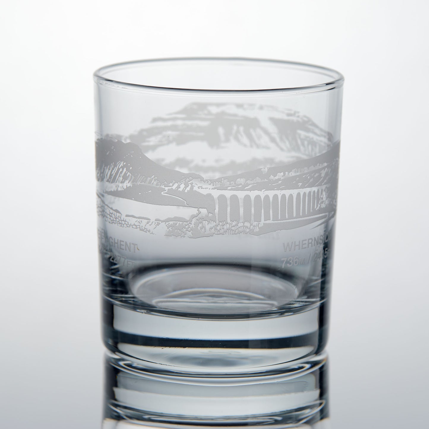 Yorkshire Three Peaks Challenge whisky glass with engraved illustration of Pen Y Ghent and Whernside