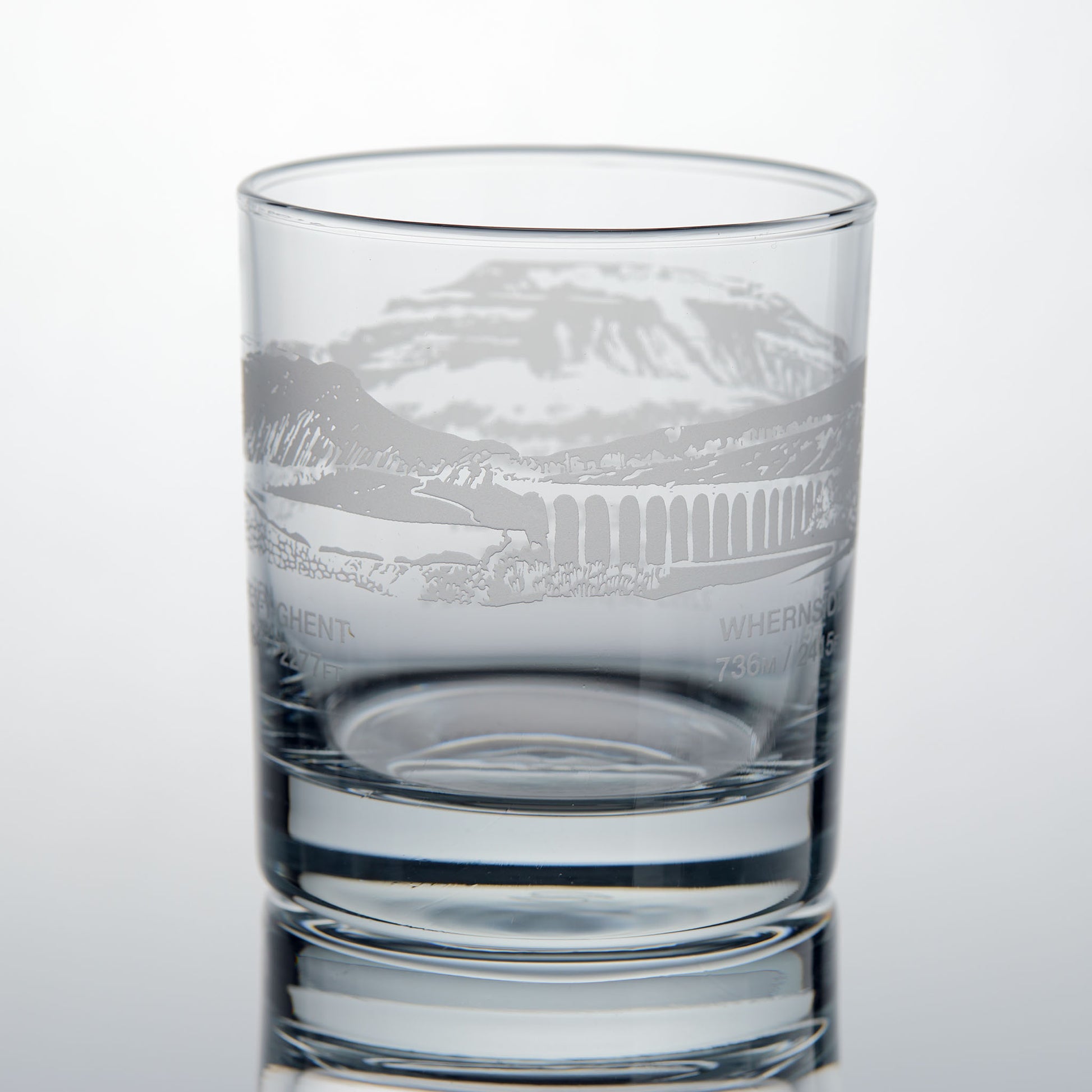 Yorkshire Three Peaks Challenge whisky glass with engraved illustration of Pen Y Ghent and Whernside