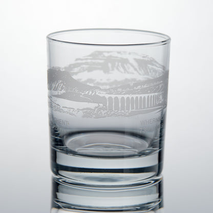 Yorkshire Three Peaks Challenge whisky glass with engraved illustration of Pen Y Ghent and Whernside
