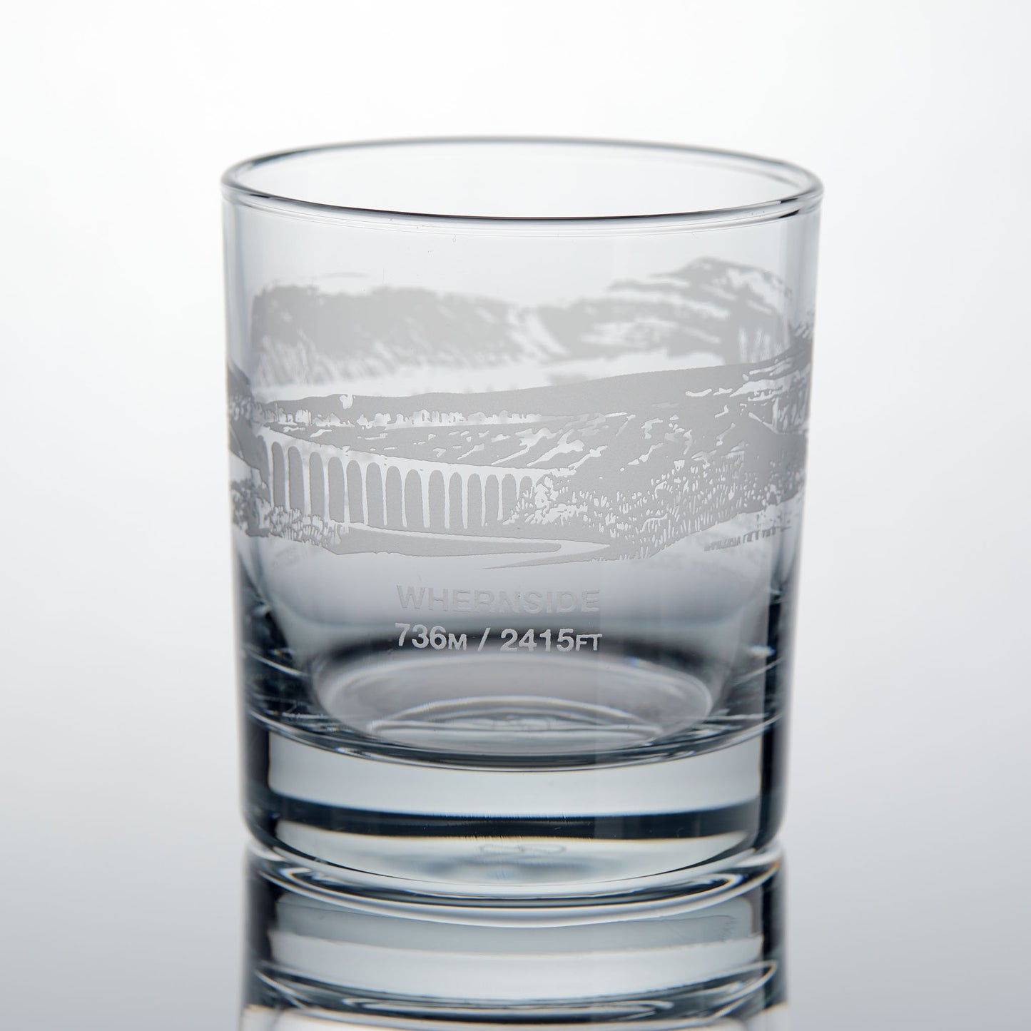 Yorkshire Three Peaks Challenge whisky glass with engraved illustration of Whernside