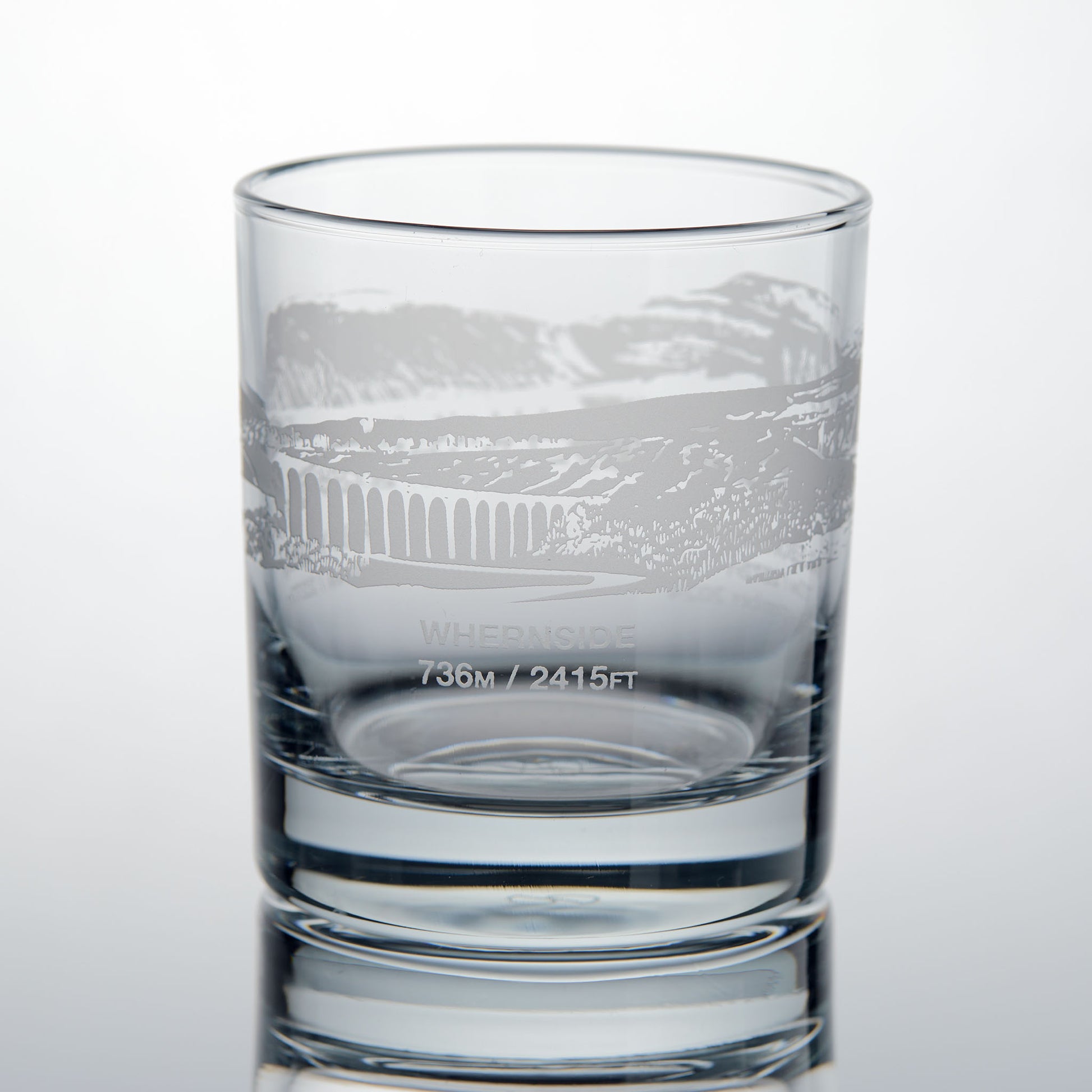 Yorkshire Three Peaks Challenge whisky glass with engraved illustration of Whernside