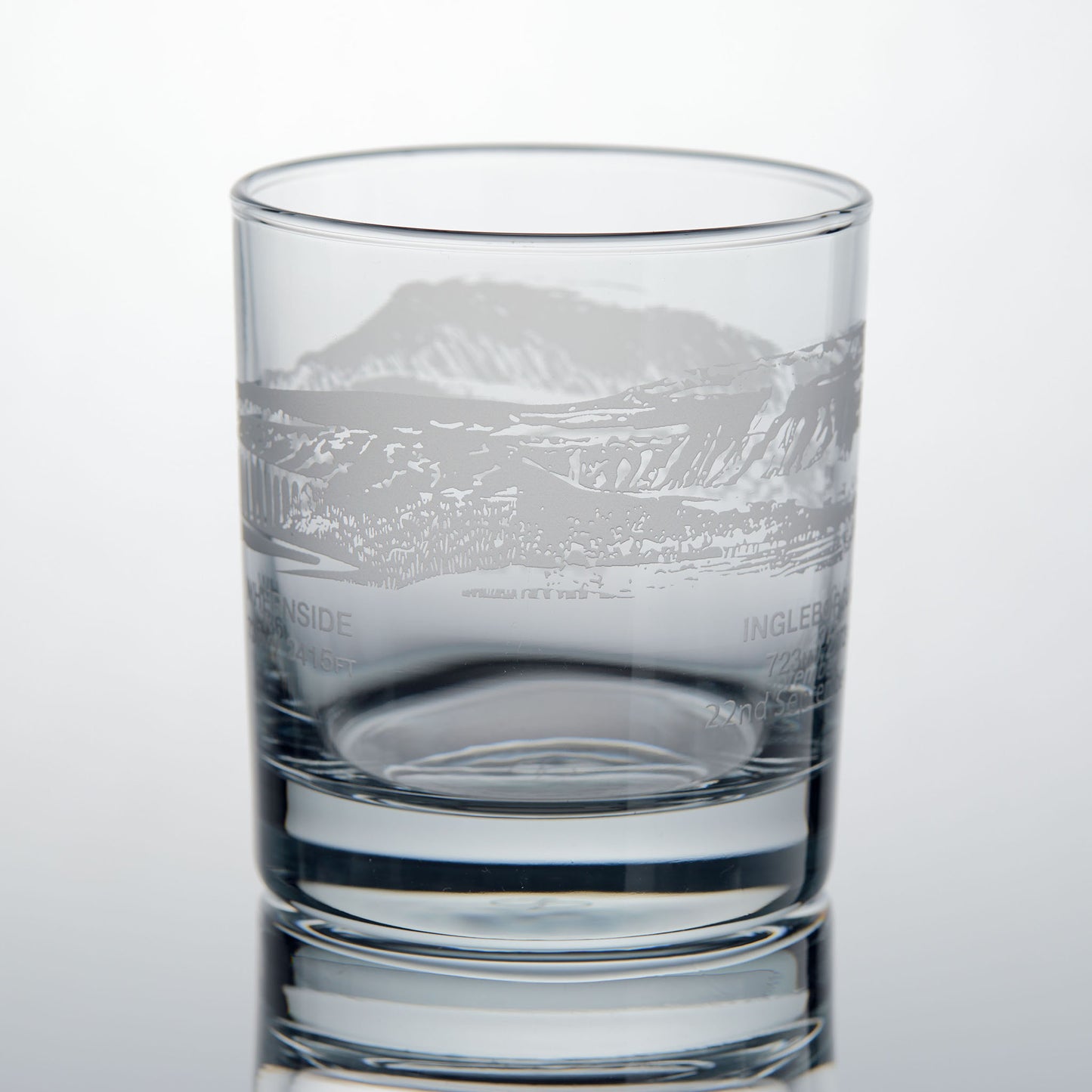 Yorkshire Three Peaks Challenge whisky glass with engraved illustration of Ingleborough and Whernside
