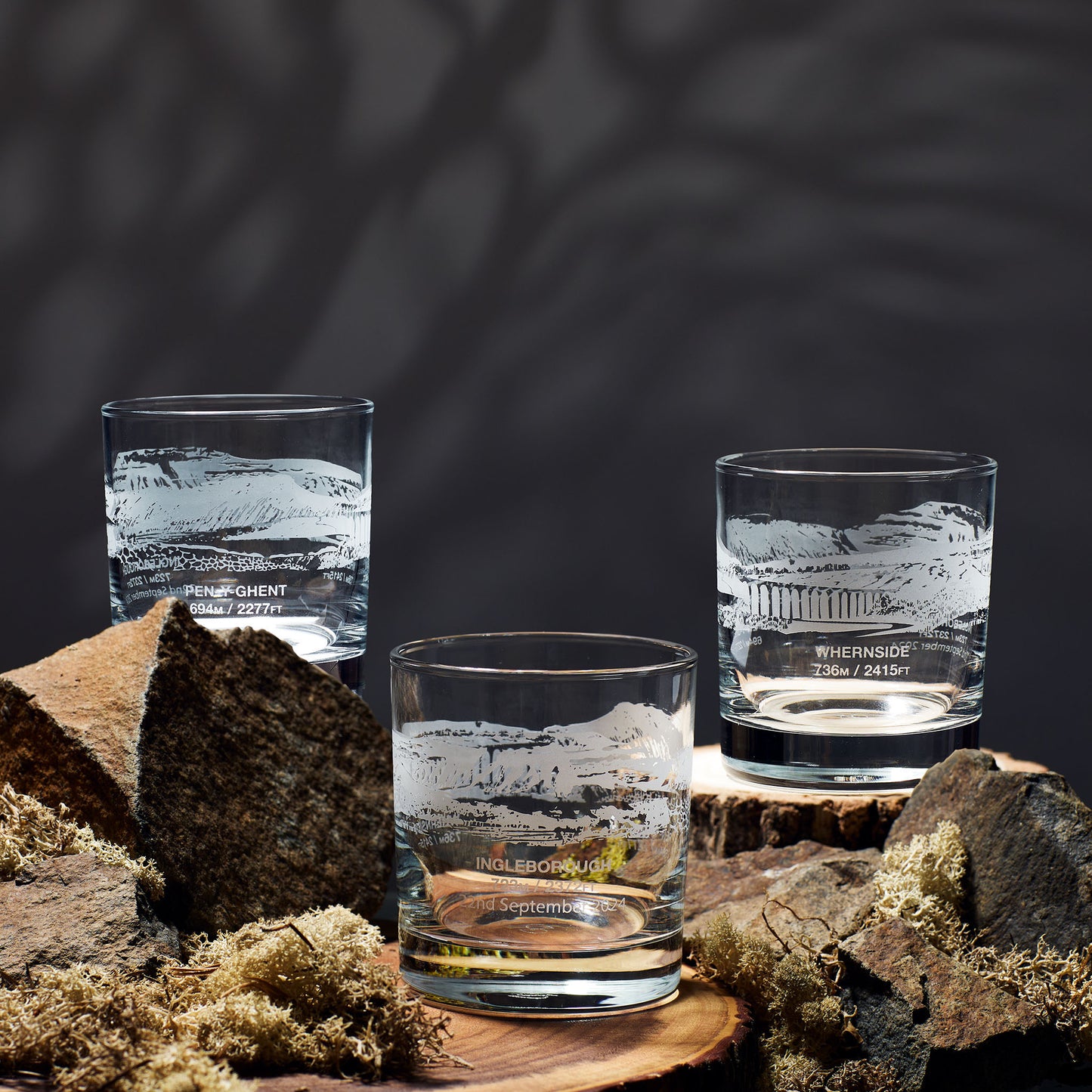 Yorkshire Three Peaks Challenge whisky glass with engraved illustration of Ingleborough, Pen Y Ghent and Whernside