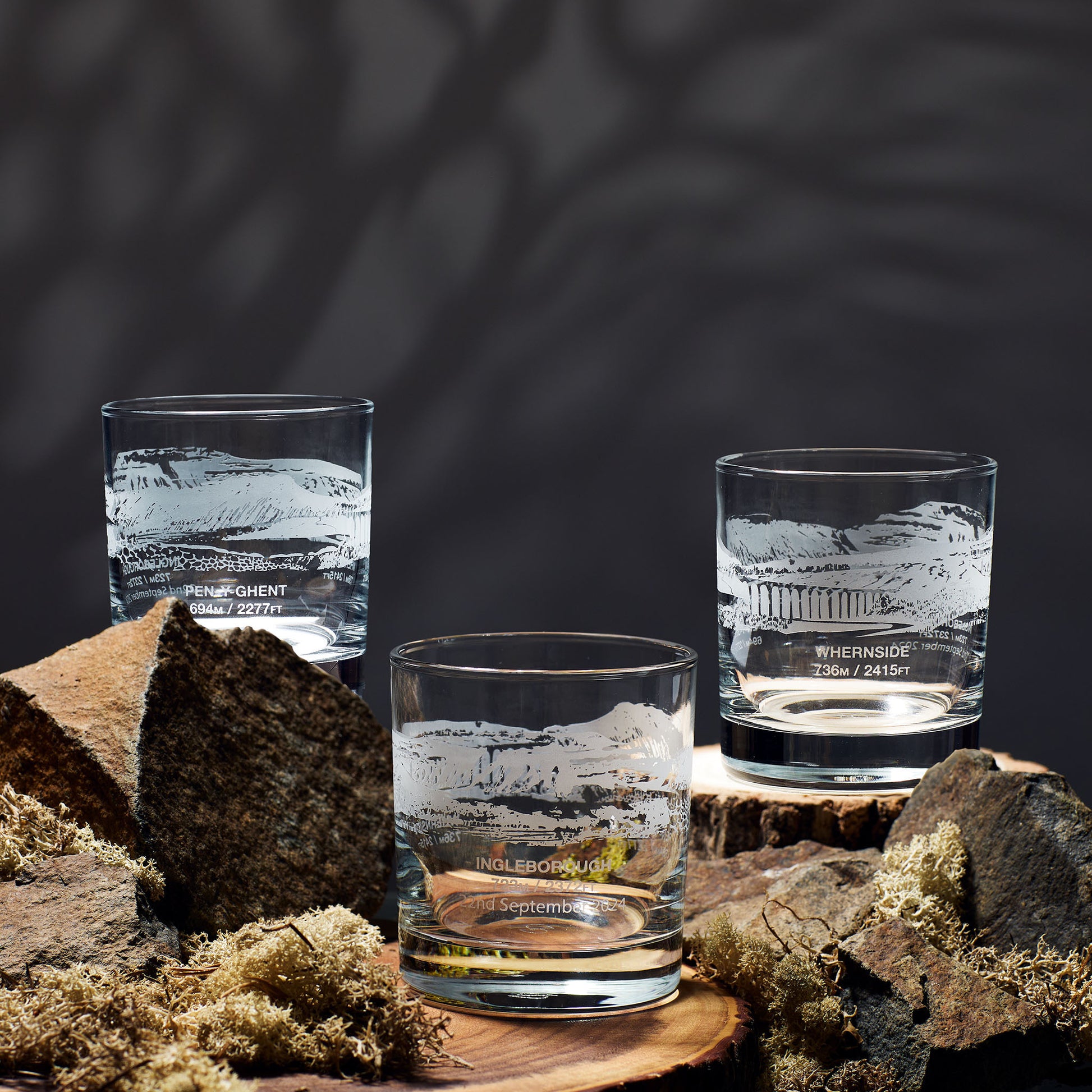Yorkshire Three Peaks Challenge whisky glass with engraved illustration of Ingleborough, Pen Y Ghent and Whernside