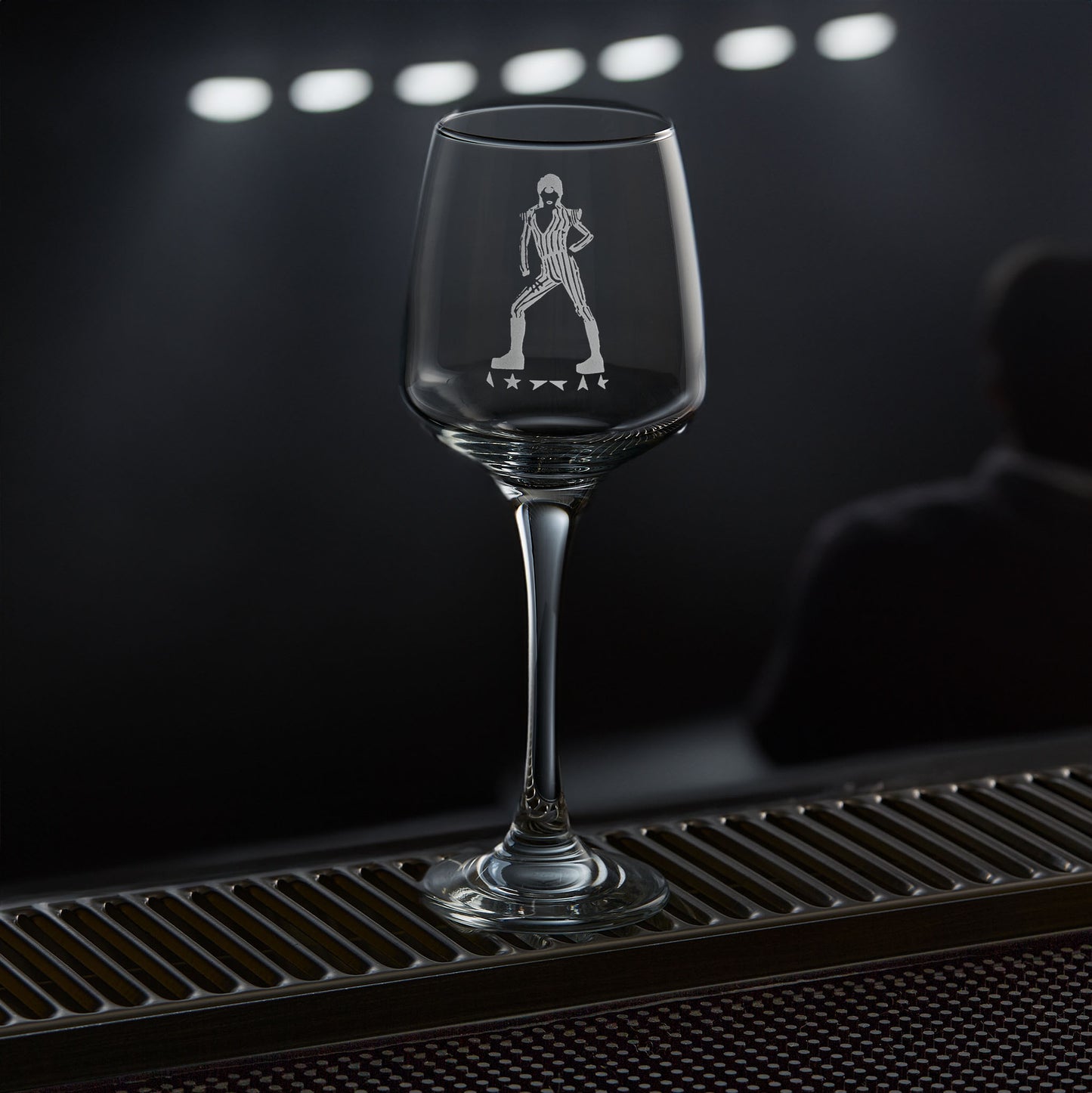 stemmed wine glass engraved with David Bowie's Ziggy Stardust