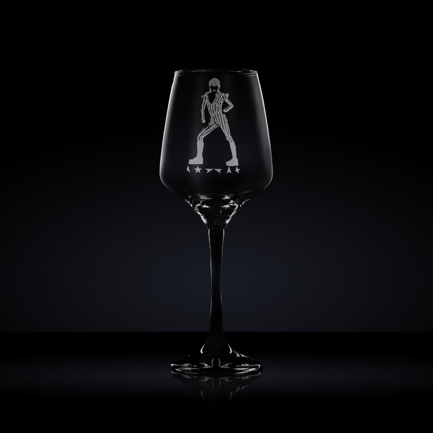 stemmed wine glass engraved with David Bowie's Ziggy Stardust